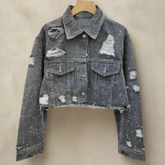 HEYFANCYSTYLE Women's Denim Fitted Embellished Cropped Jacket with Distressed Detail