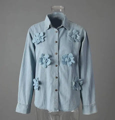 HEYFANCYSTYLE Women's Designer 3D Floral Denim Blouse