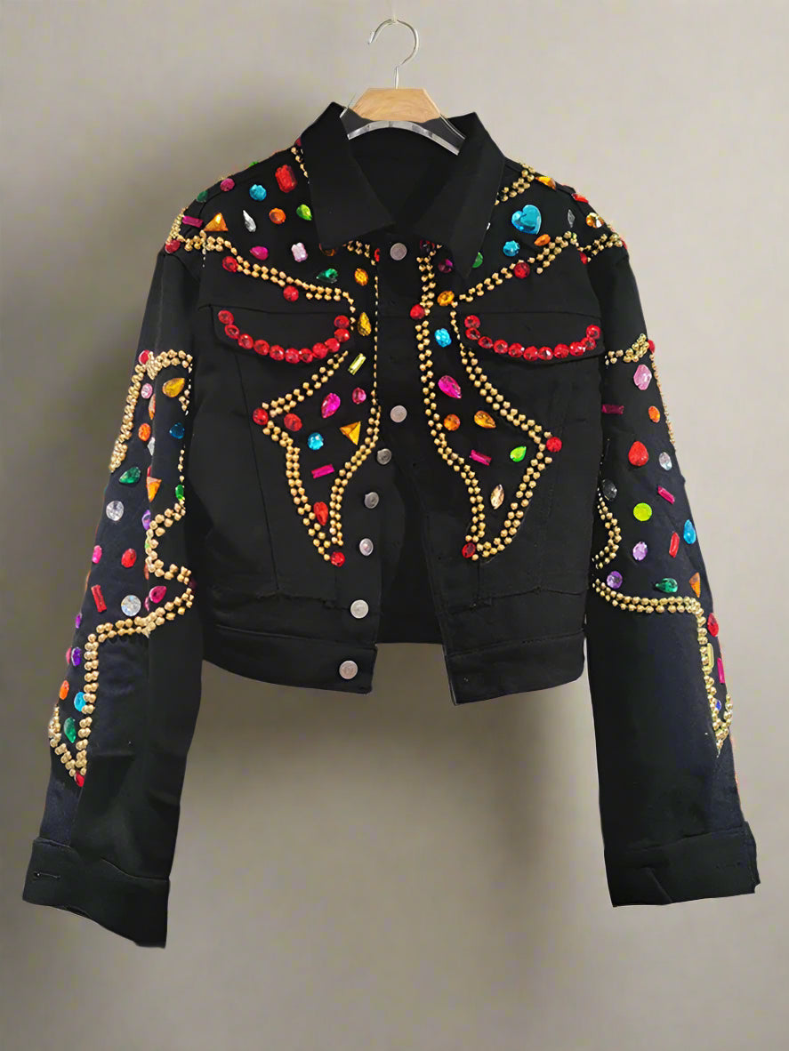 HEYFANCYSTYLE Women's Designer Denim Fitted Western Jacket with Beaded Trim