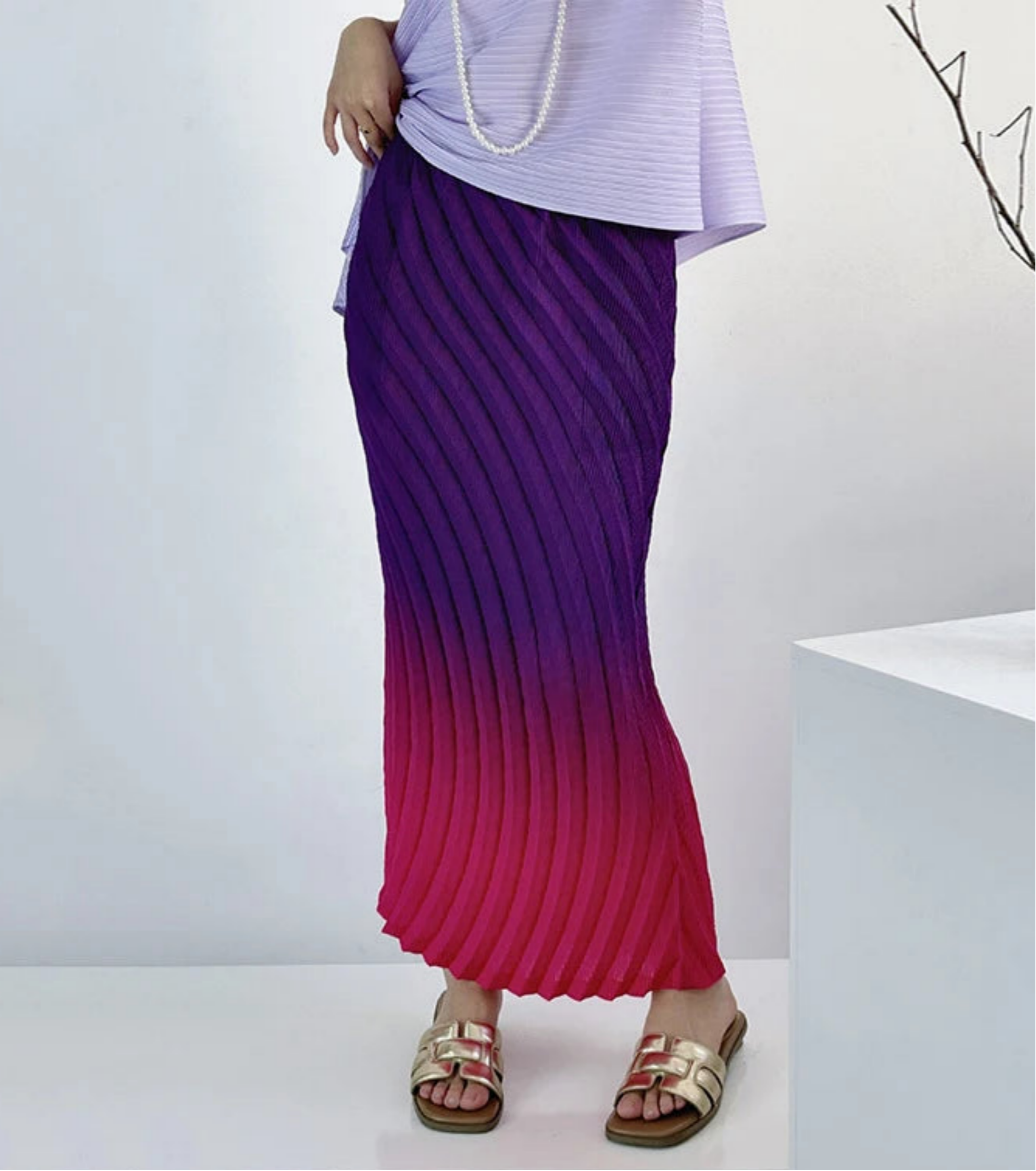 HEYFANCYSTYLE Women's Designer Japanese Long Pleated Ombre Skirt