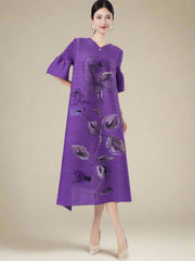 HEYFANCYSTYLE Women's Designer Japanese Pleat Rose Plisse Midi Dress