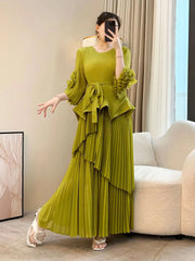 HEYFANCYSTYLE Women's Designer Japanese Pleated Plissé Long Skirt Set