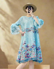 HEYFANCYSTYLE Women's Designer Japanese Plissé Floral Ruffle Dress
