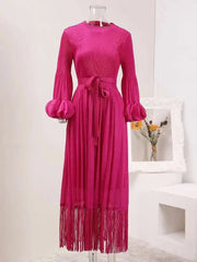 HEYFANCYSTYLE Women's Designer Japanese Plissé Midi Dress - Elegant Fringe Hem