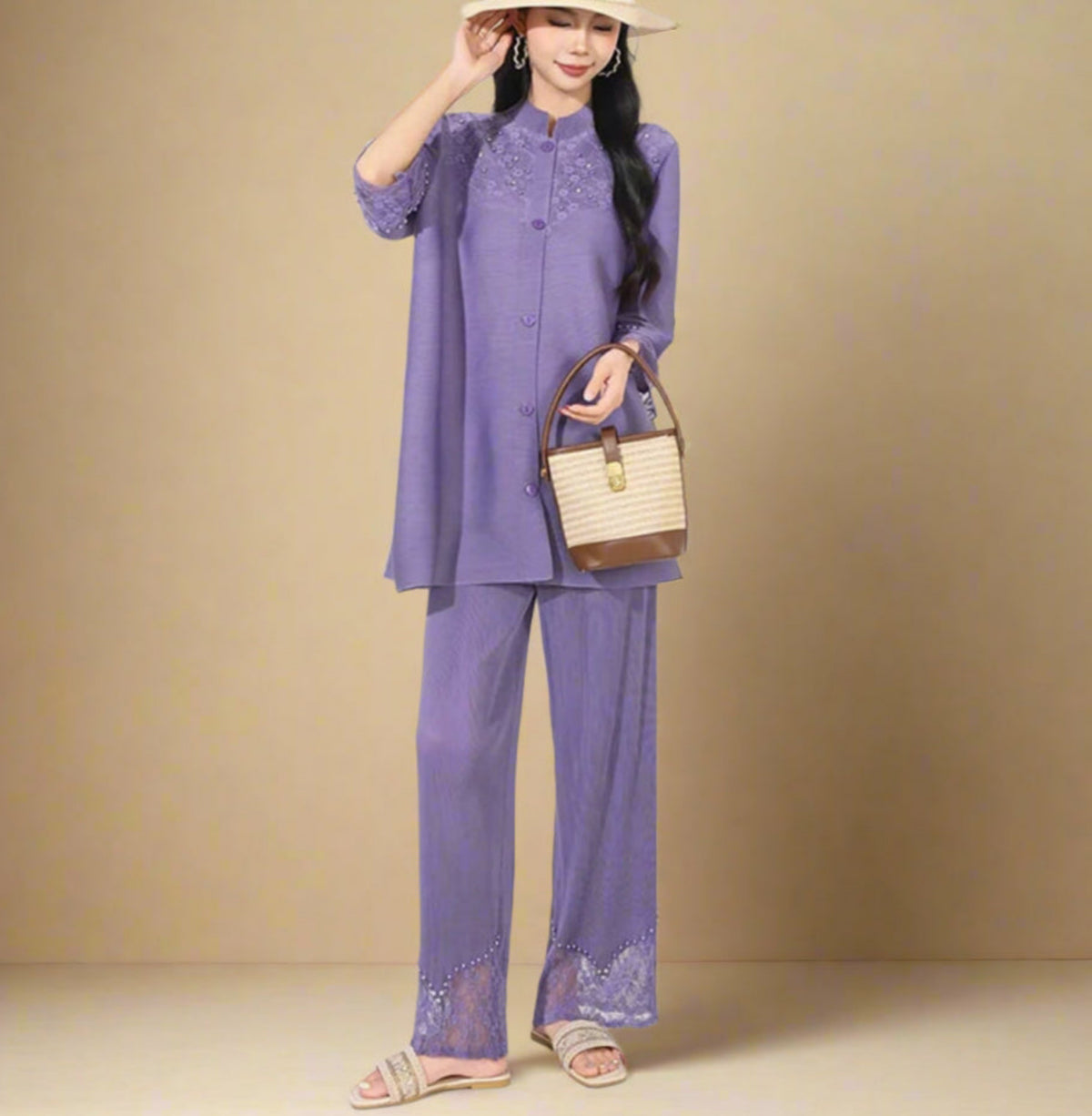 HEYFANCYSTYLE Women's Designer Japanese Plissé Pleated Stretchy Blouse & Pants