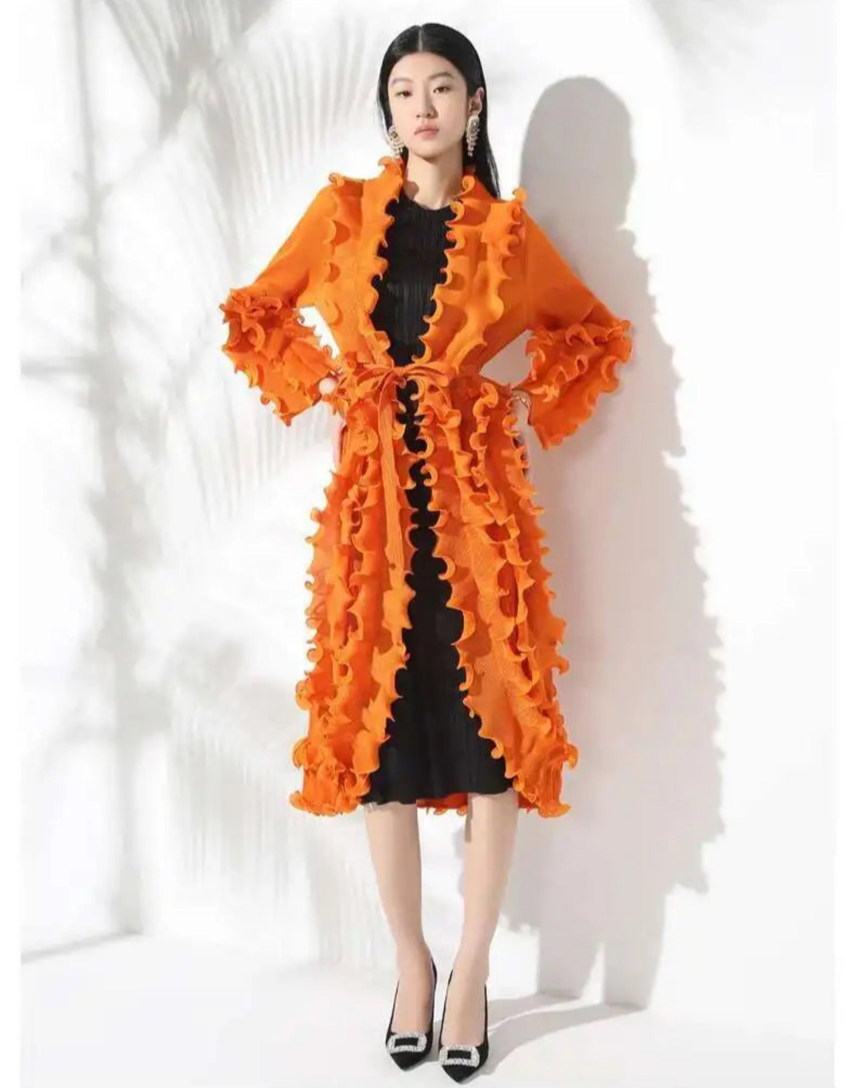 HEYFANCYSTYLE Women's Designer Japanese Plissé Ruffle Longline Coat