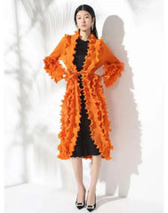 HEYFANCYSTYLE Women's Designer Japanese Plissé Ruffle Longline Coat