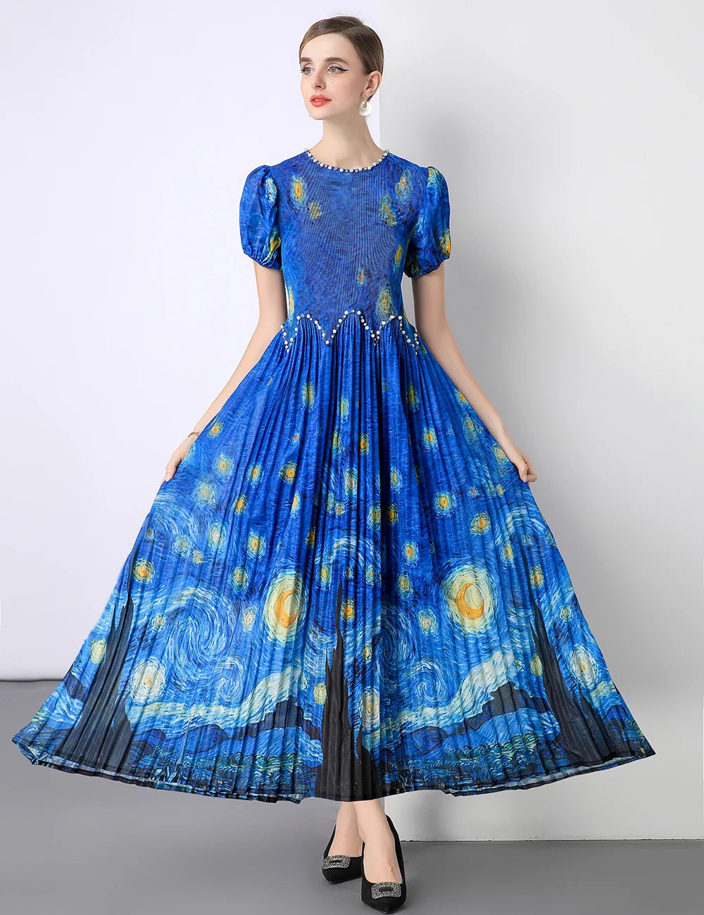 HEYFANCYSTYLE Women's Designer Japanese Plissé Starry Night Midi Dress
