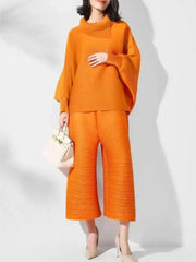 HEYFANCYSTYLE Women's Designer Japanese Plissé Wide Leg Pant Suit Elegance