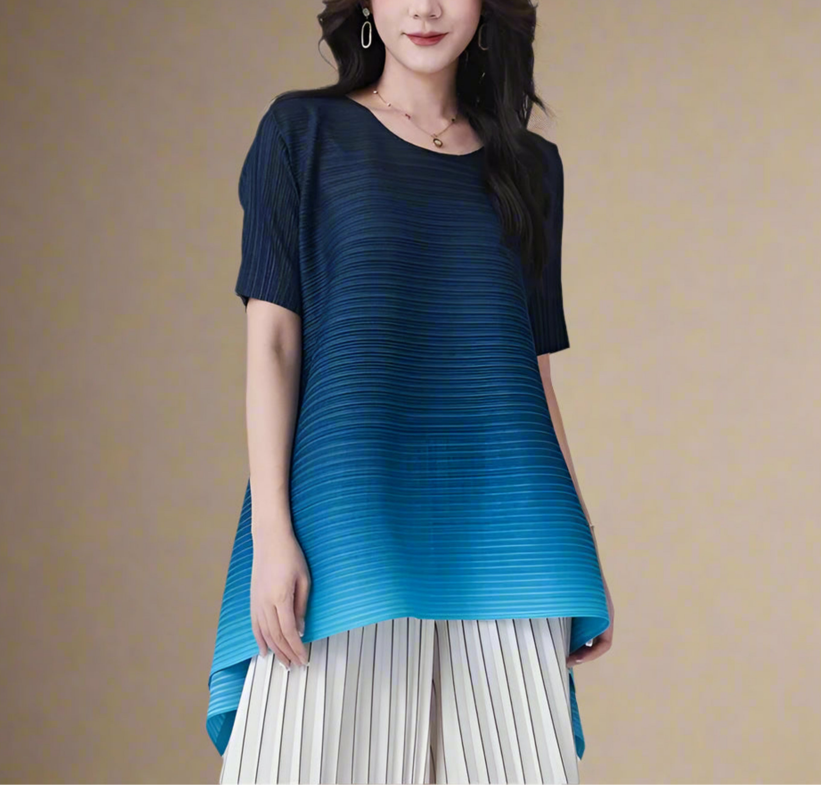 HEYFANCYSTYLE Women's Designer Japanese Plisse Pleated Ombre Tunic Top