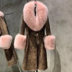 HEYFANCYSTYLE Women's Designer Leopard Sheepskin Suede Fox Fur Coat