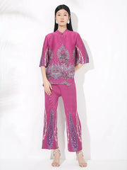 HEYFANCYSTYLE Women's Designer Pleated Jersey Fitted Pant Set for Special Occasions