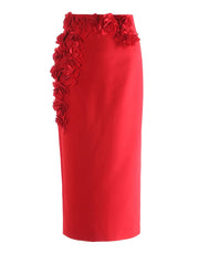 HEYFANCYSTYLE Women's Designer Red Floral Appliqué Midi Skirt