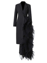HEYFANCYSTYLE Women's Elegant Asymmetric Tulle Designer Full-Length Blazer