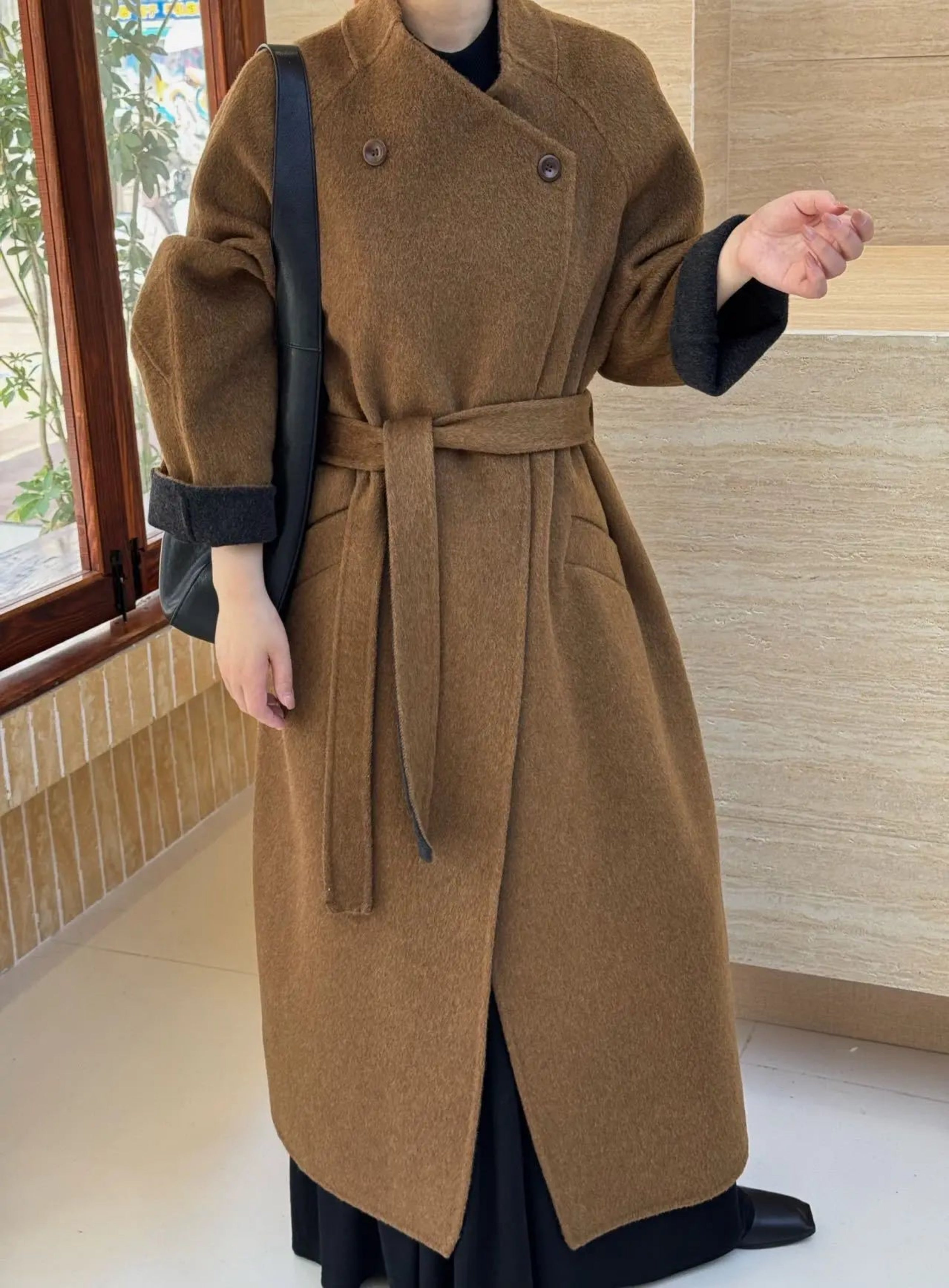HEYFANCYSTYLE Women's Elegant Belted Extra Long Longline Wool-Blend Coat