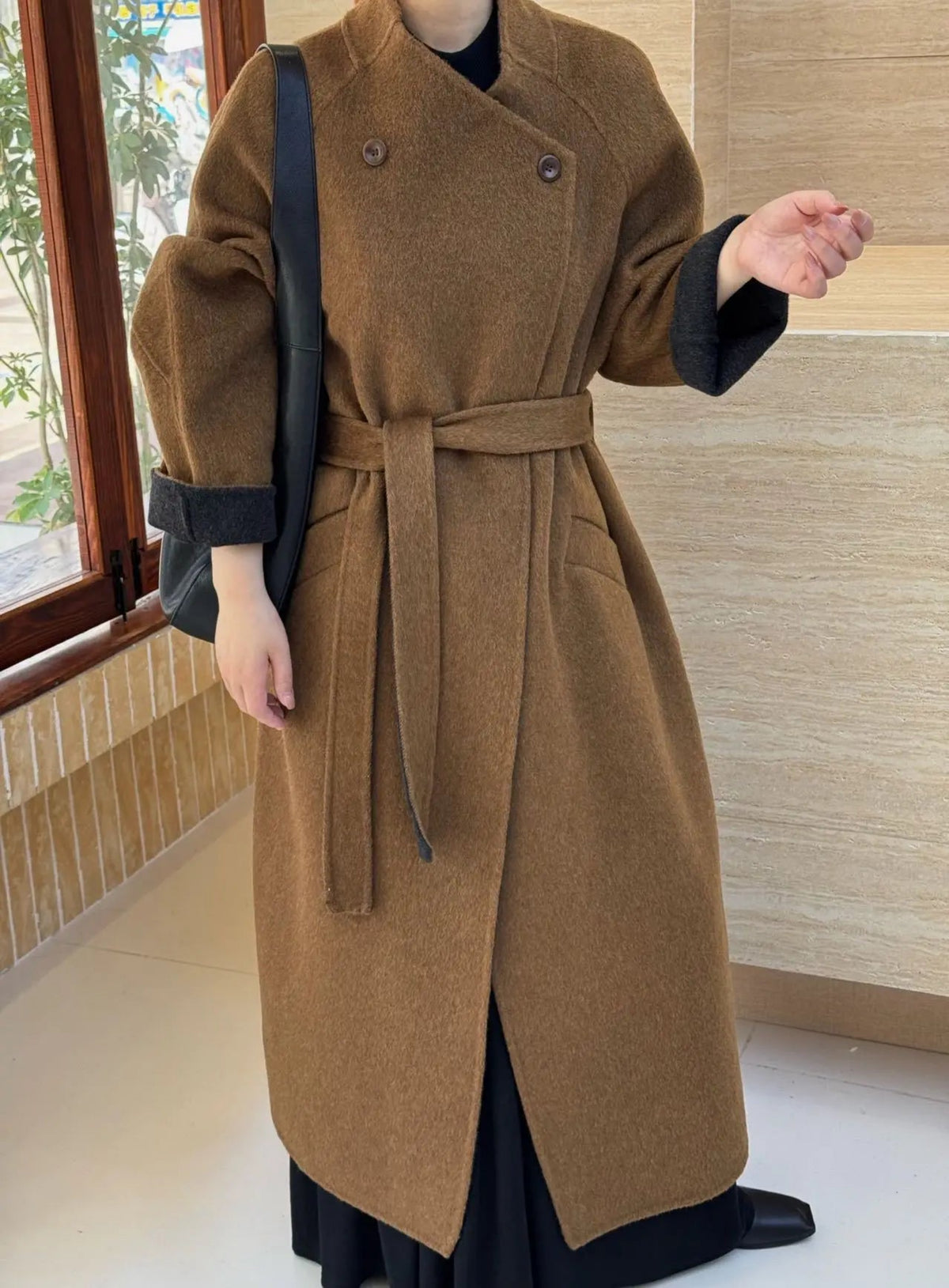 HEYFANCYSTYLE Women's Elegant Belted Extra Long Longline Wool-Blend Coat
