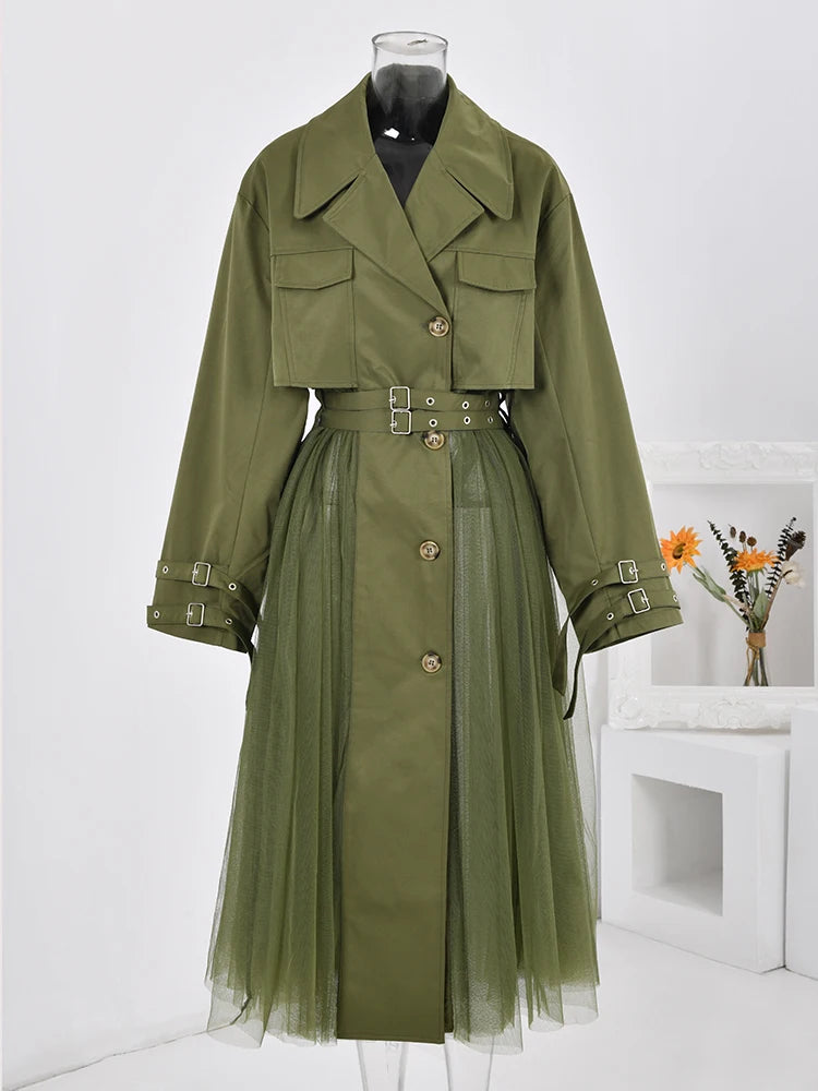 HEYFANCYSTYLE Women's Elegant Duster Coat Tulle Trim Designer Windbreaker
