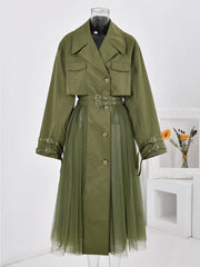 HEYFANCYSTYLE Women's Elegant Duster Coat Tulle Trim Designer Windbreaker
