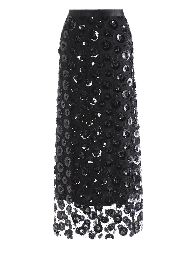 HEYFANCYSTYLE Women's Elegant Floral Sequin Mesh Midi Skirt for Exclusive Evenings