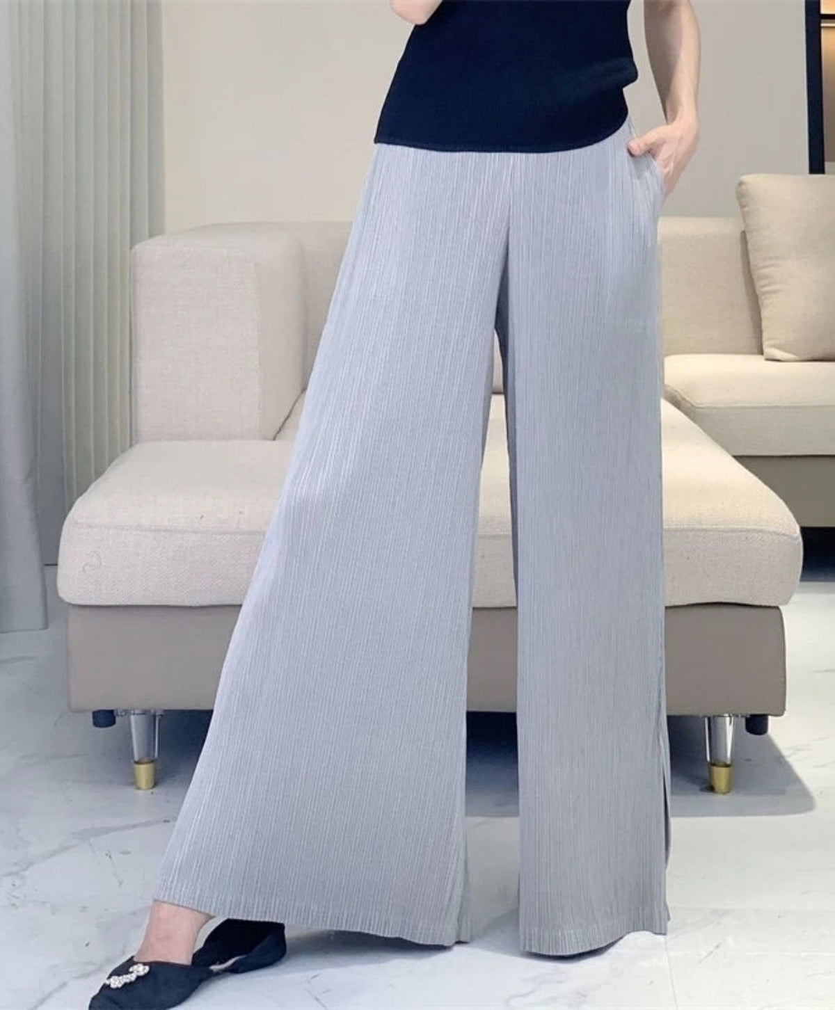 HEYFANCYSTYLE Women's Elegant Japanese Pleated Wide Leg Designer Palazzo Pants
