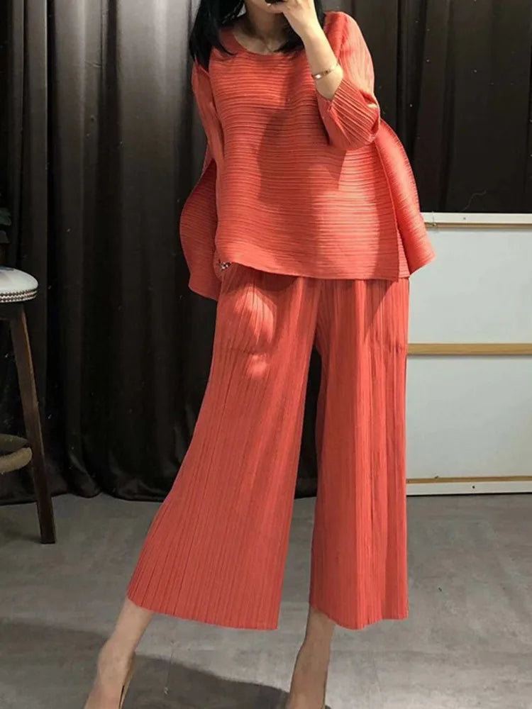 HEYFANCYSTYLE Women's Elegant Pleated Fabric Co-ord Set with Ankle Length - Orange