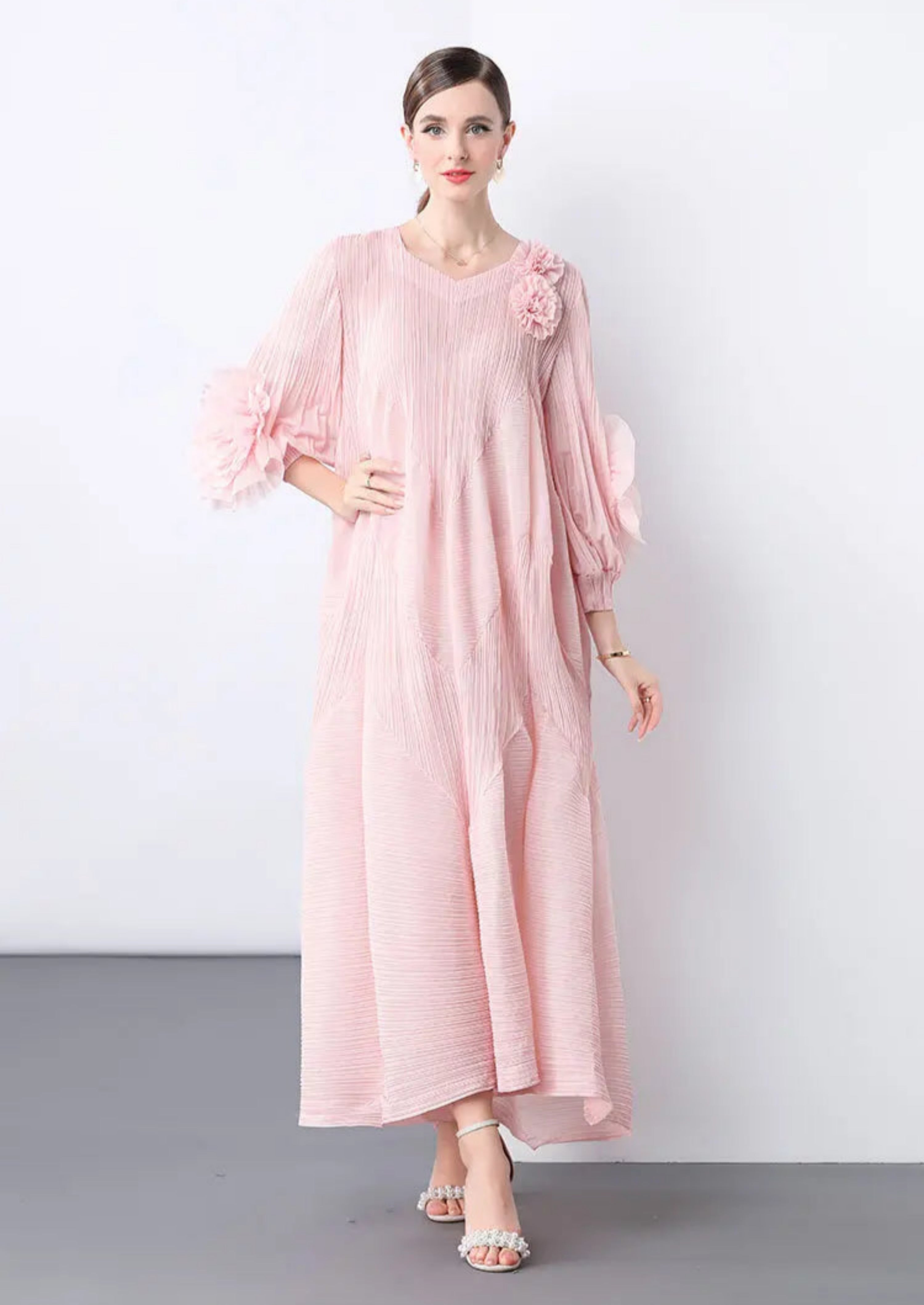 HEYFANCYSTYLE Women's Elegant Plissé 3D Ruffle Designer Japanese Midi Dress