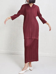 HEYFANCYSTYLE Women's Elegant Plissé Designer Japanese Plissé Top Skirt Set