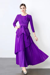 HEYFANCYSTYLE Women's Formal Designer Japanese Pleat Plisse Blouse & Skirt Set