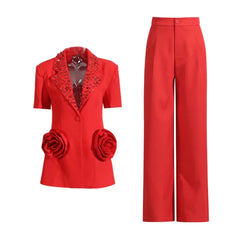 HEYFANCYSTYLE Women's Formal Sequin Embellished Rose Detail Pant Suit Set
