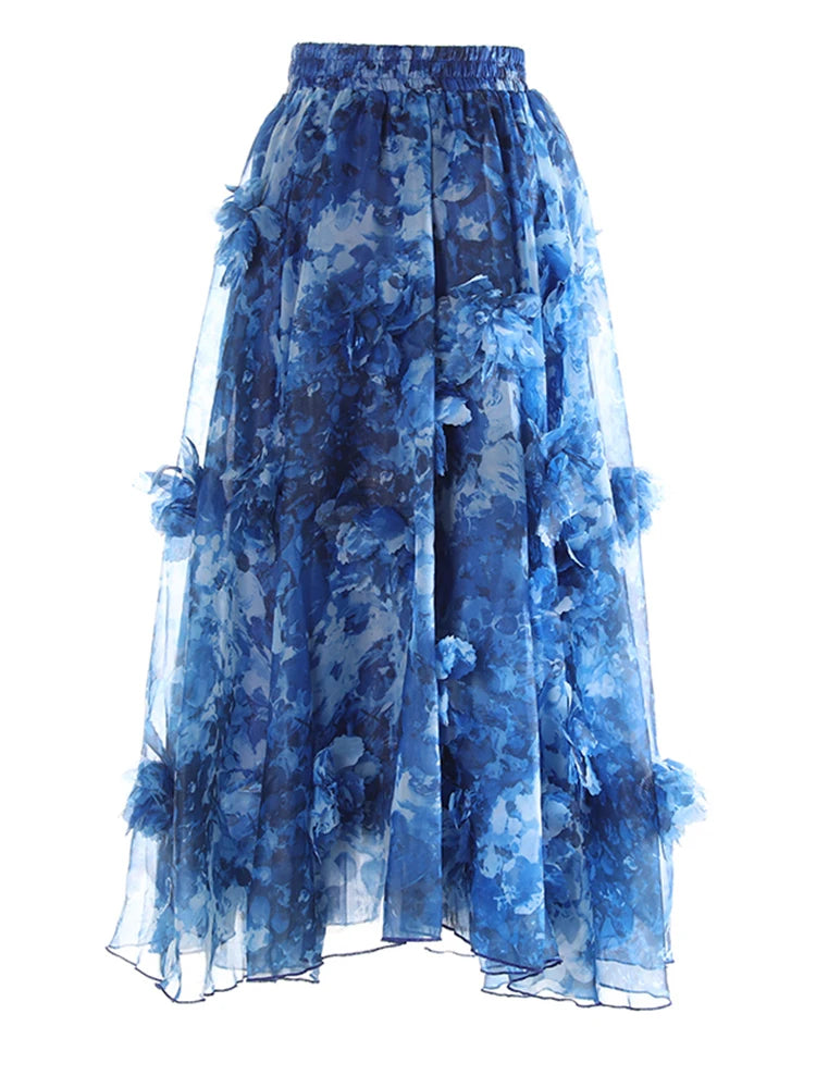 HEYFANCYSTYLE Women's Haute Floral Appliqué Designer Pull-On Midi Skirt