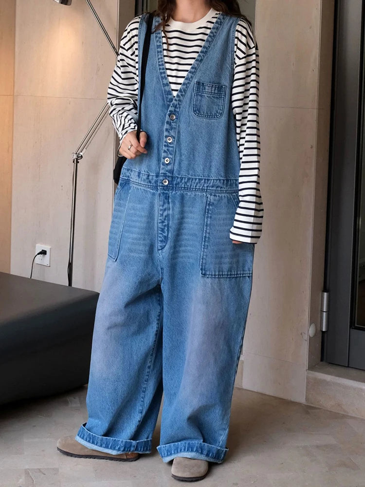 HEYFANCYSTYLE Women's Japanese Denim Relaxed Fit Workwear Jumpsuit with Pocket Detail