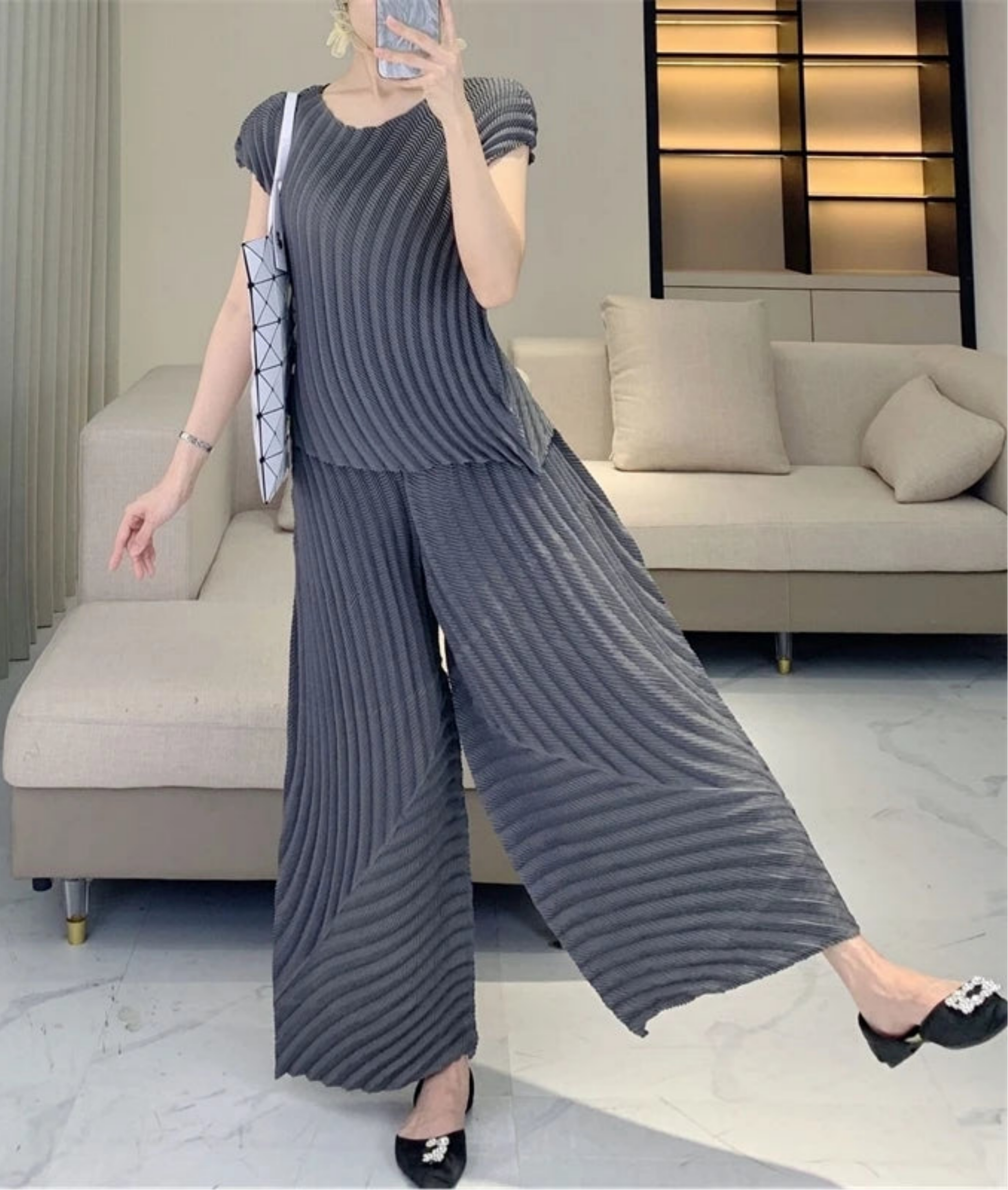 HEYFANCYSTYLE Women's Japanese Plissé Geometric Pleat Wide Leg Pant Set