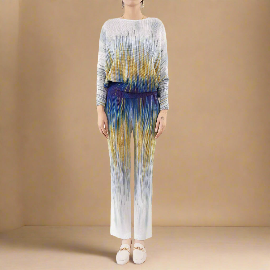 HEYFANCYSTYLE Women's Luxury Designer Japanese Plissé Knit Top & Pants Set