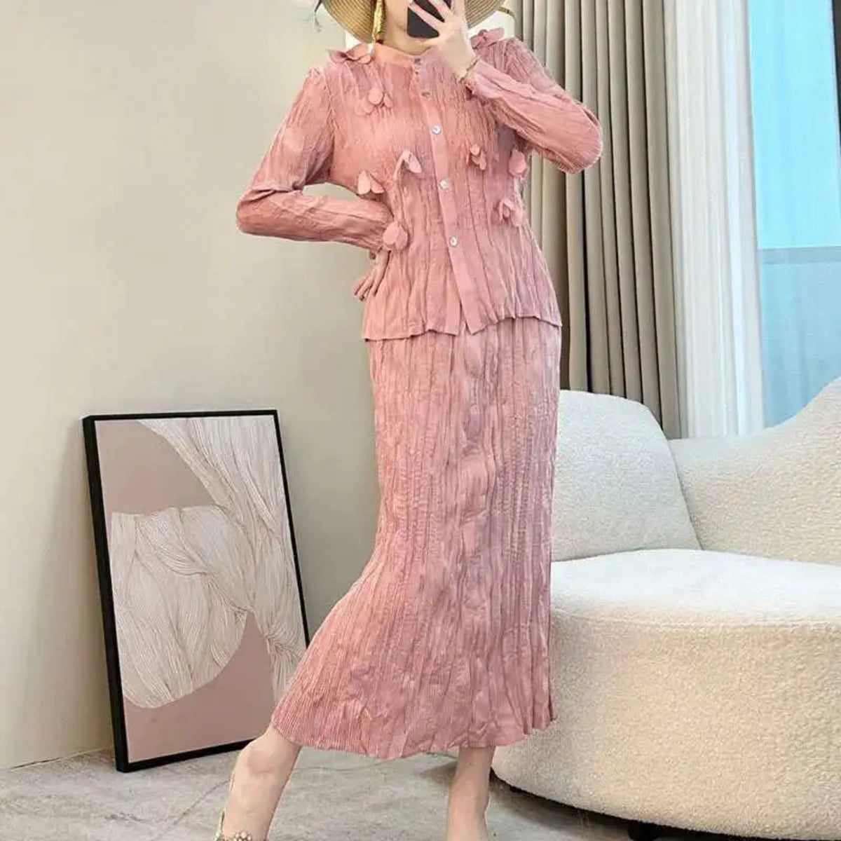 HEYFANCYSTYLE Women's Luxury Japanese Pleated Designer Cardigan Skirt