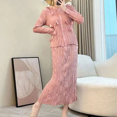 HEYFANCYSTYLE Women's Luxury Japanese Pleated Designer Cardigan Skirt
