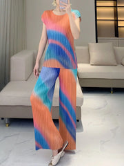 HEYFANCYSTYLE Women's Luxury Pleated Pants & Blouse - High-End Plissé