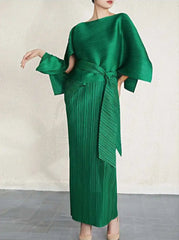 HEYFANCYSTYLE Women's Luxury Premium Relaxed Pleated Midi Dress Cape Set for Events
