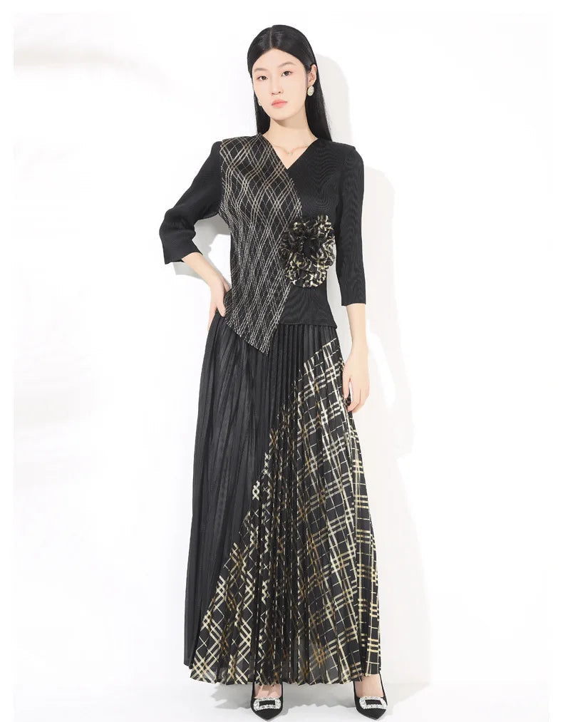 HEYFANCYSTYLE Women's Luxury Rayon Petite Pleated Skirt Set for Evening Events