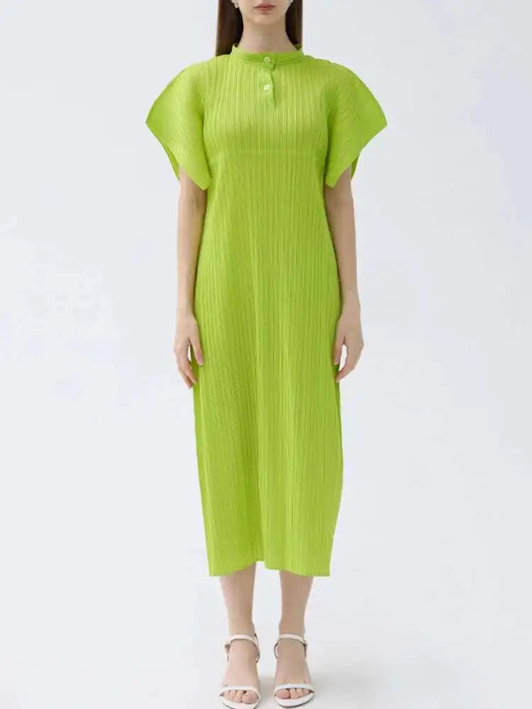 HEYFANCYSTYLE Women's Midi Japanese Pleated Stand Collar Luxury Dress
