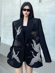 HEYFANCYSTYLE Women's Oversized Tailored Blazer with Crane Rhinestones