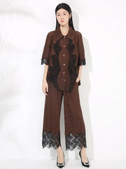 HEYFANCYSTYLE Women's Petite Plisse Tailored Fit Modern Pant Set with Lace Trim