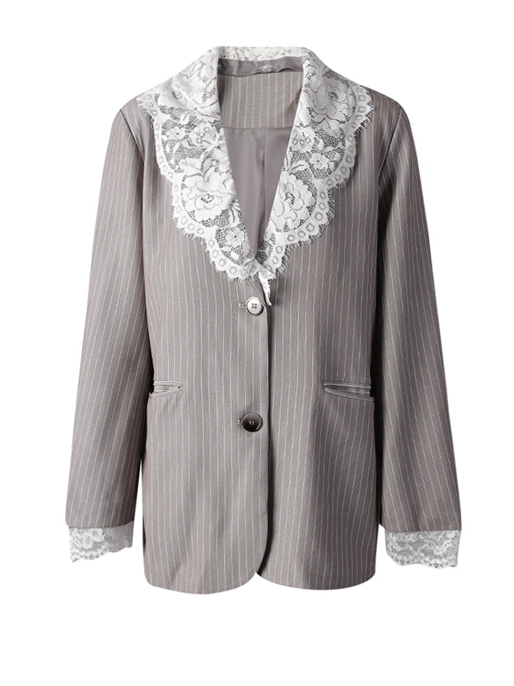 HEYFANCYSTYLE Women's Pinstripe Delicate Lace Blazer Jacket