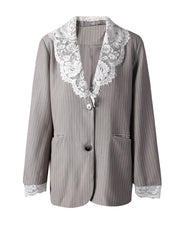 HEYFANCYSTYLE Women's Pinstripe Delicate Lace Blazer Jacket