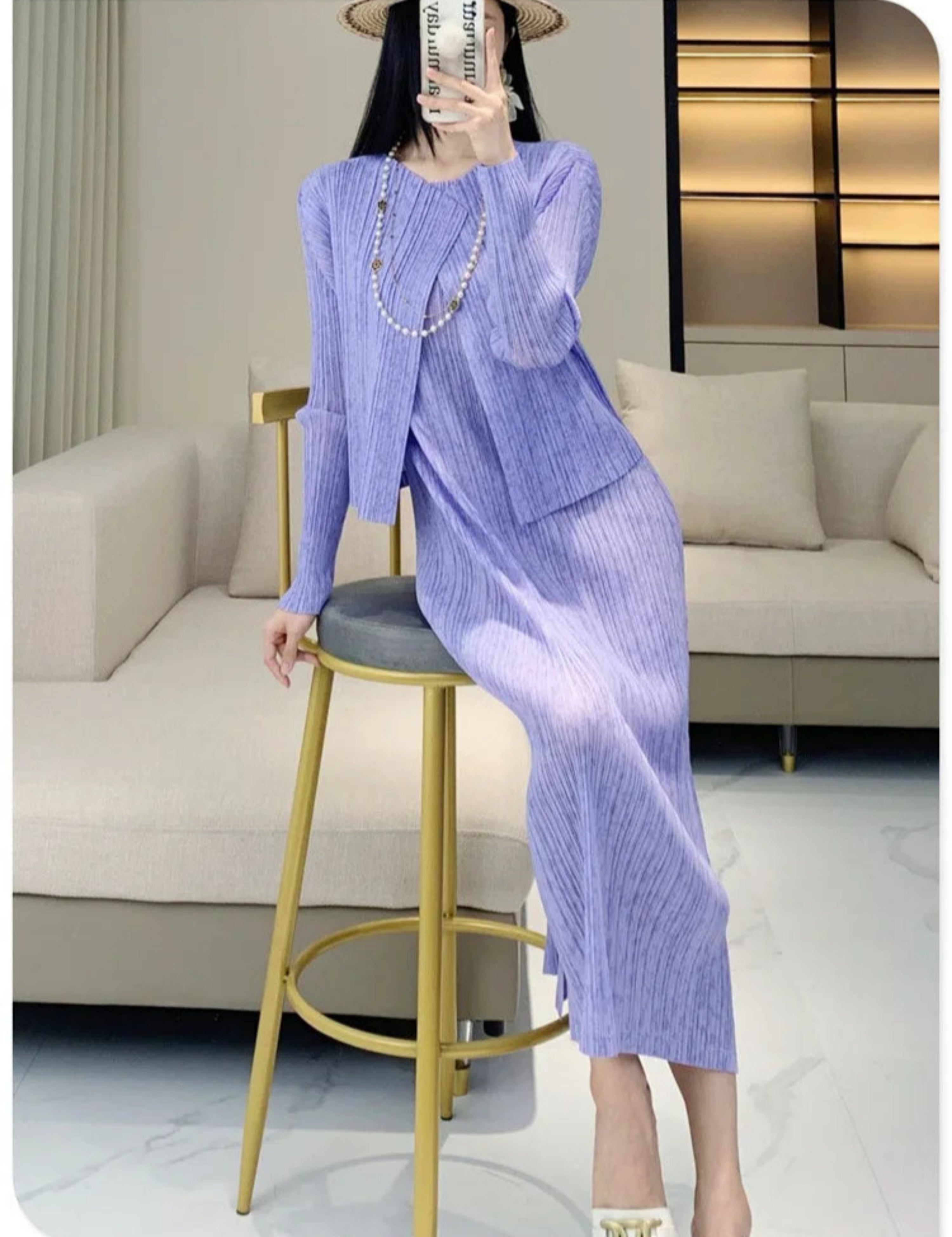HEYFANCYSTYLE Women's Pleated Japanese Designer Cardigan & Long Dress Set