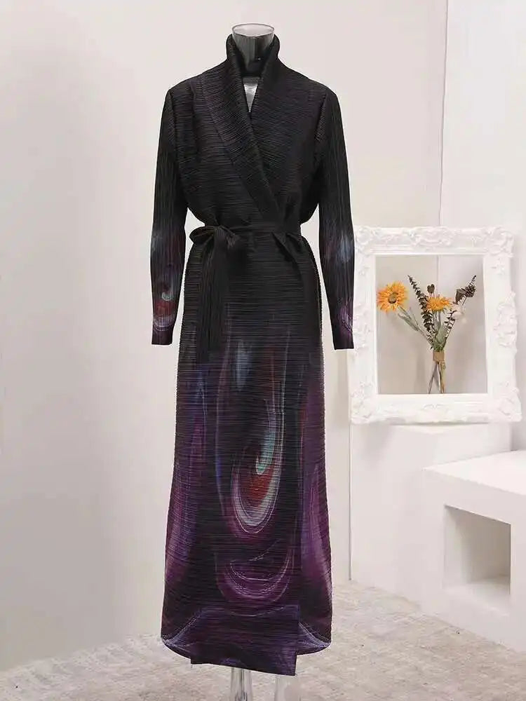 HEYFANCYSTYLE Women's Pleated Swirl Designer Japanese Plissé Long Coat