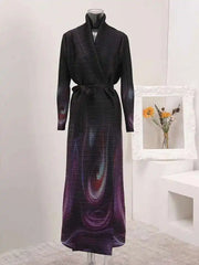 HEYFANCYSTYLE Women's Pleated Swirl Designer Japanese Plissé Long Coat