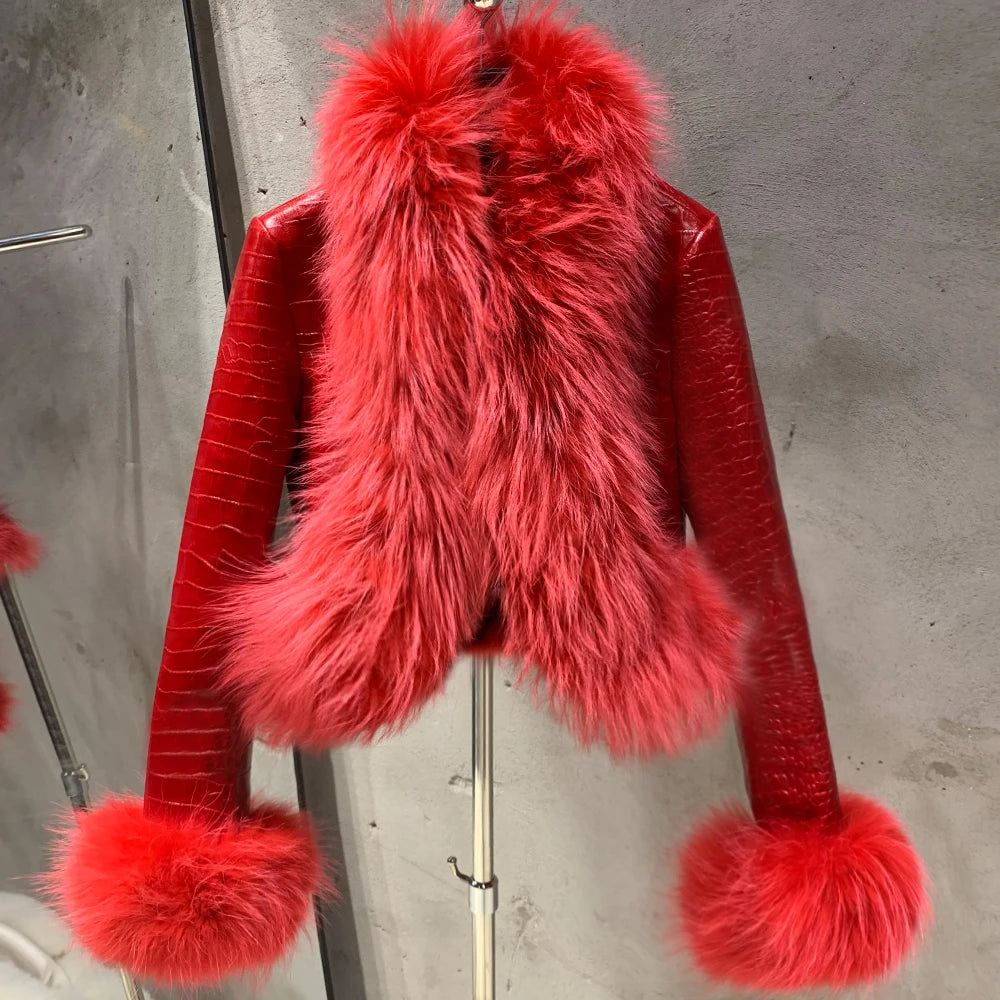 HEYFANCYSTYLE Women's Premium Sheepskin Raccoon Fur Jacket for Special Occasions - Custom-Made