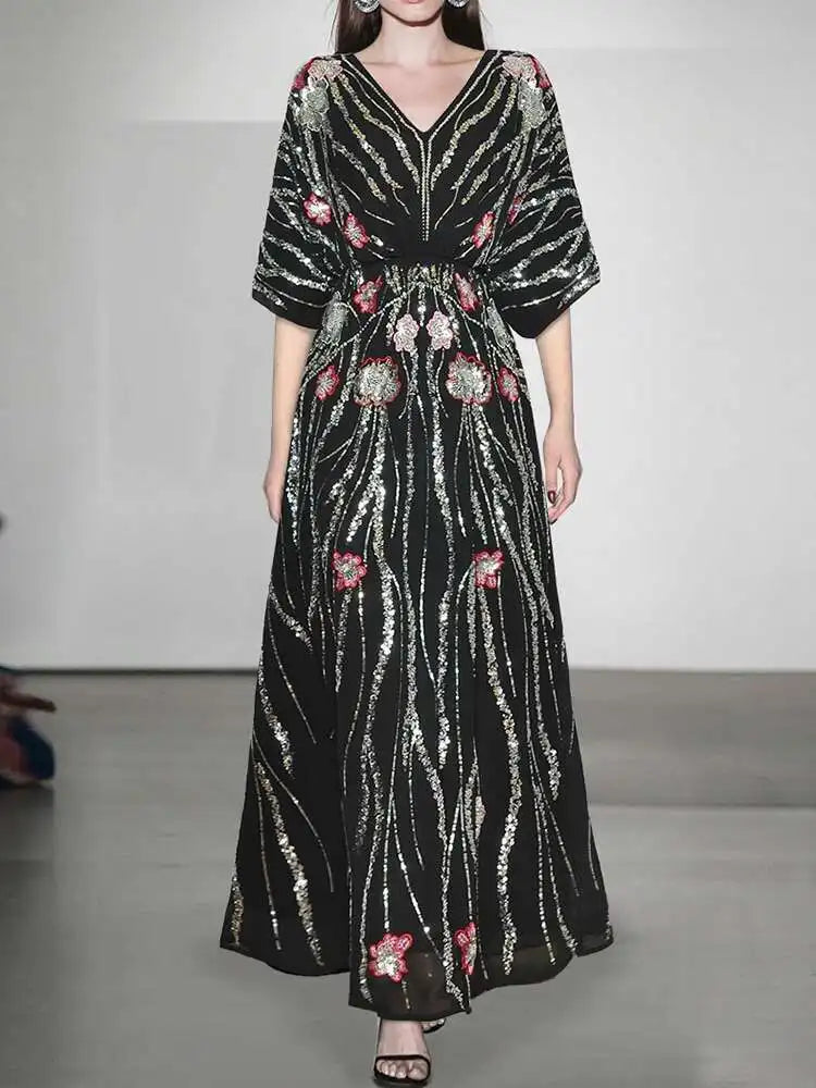 HEYFANCYSTYLE Women's Relaxed Fit Embellished Gown with Floral Sequins