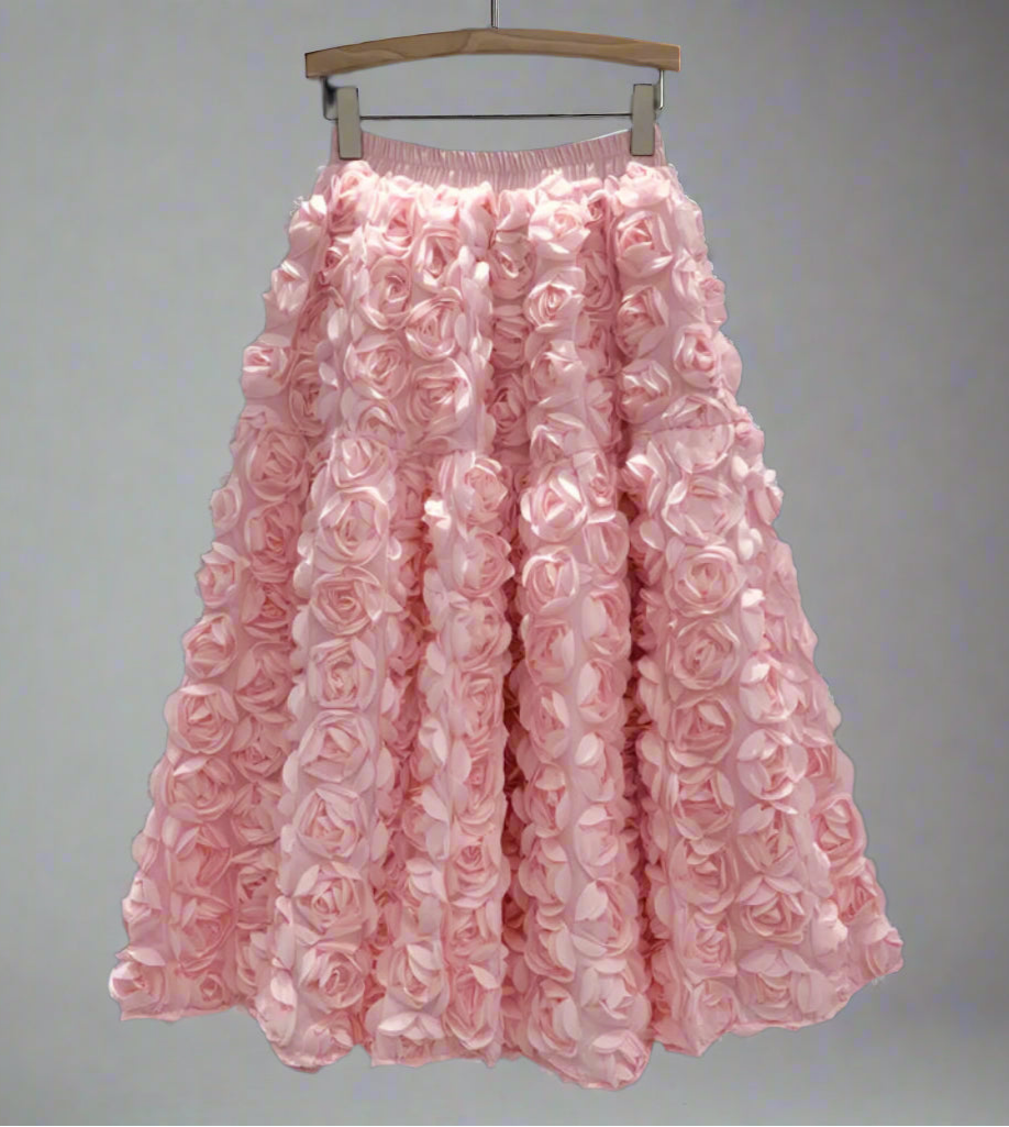 HEYFANCYSTYLE Women's Tulle Romantic Flared Midi Skirt with Rose Detail for Wedding Guest