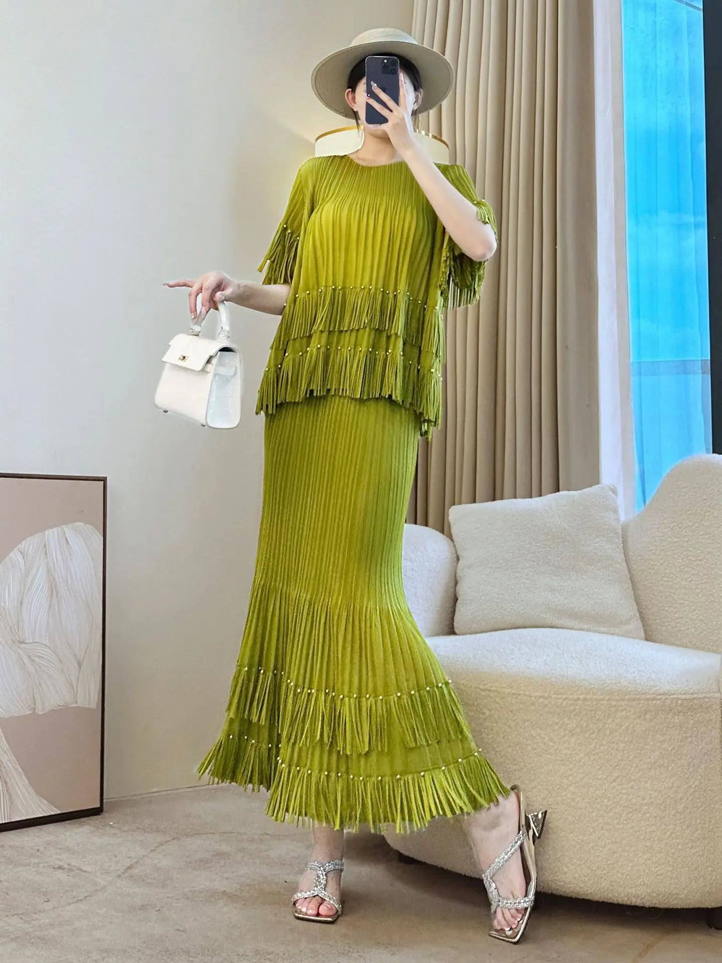 HEYFANCYSTYLE Womens Designer Japanese Plissé Skirt Set Elegant Luxury Two-Piece